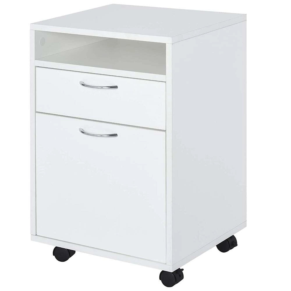 Cassettiera Scrivania Casa Ufficio Legno MDF con Cassetto e Anta 4 Ruote Bianco