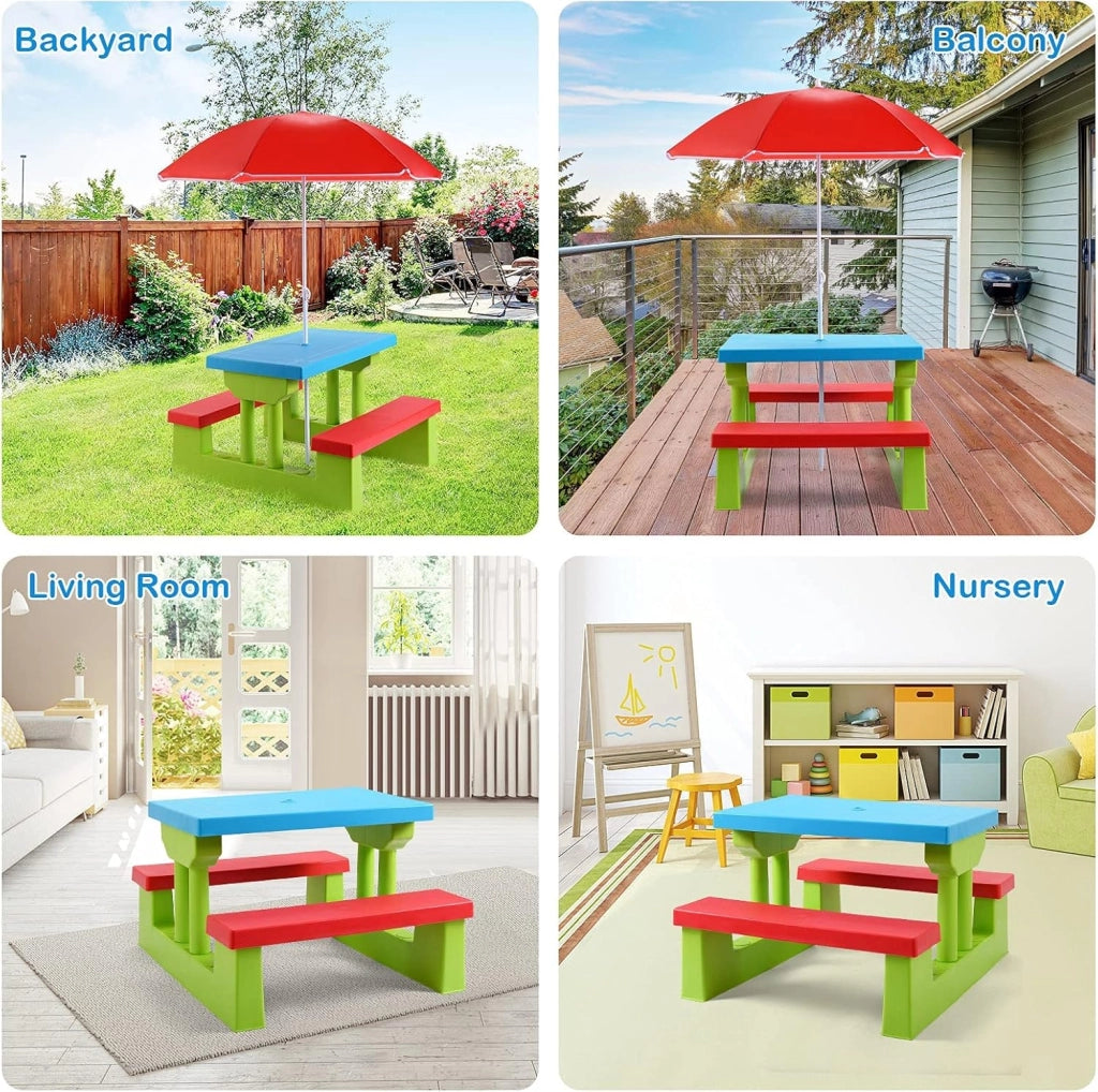 Tavolo da Picnic, Set di Tavolo e Sedie per Bambini con Parasole Pieghevole per Giardino/Terezzo/Parco, Bambini più di 3 Anni (Verde + Rosso + Blu)