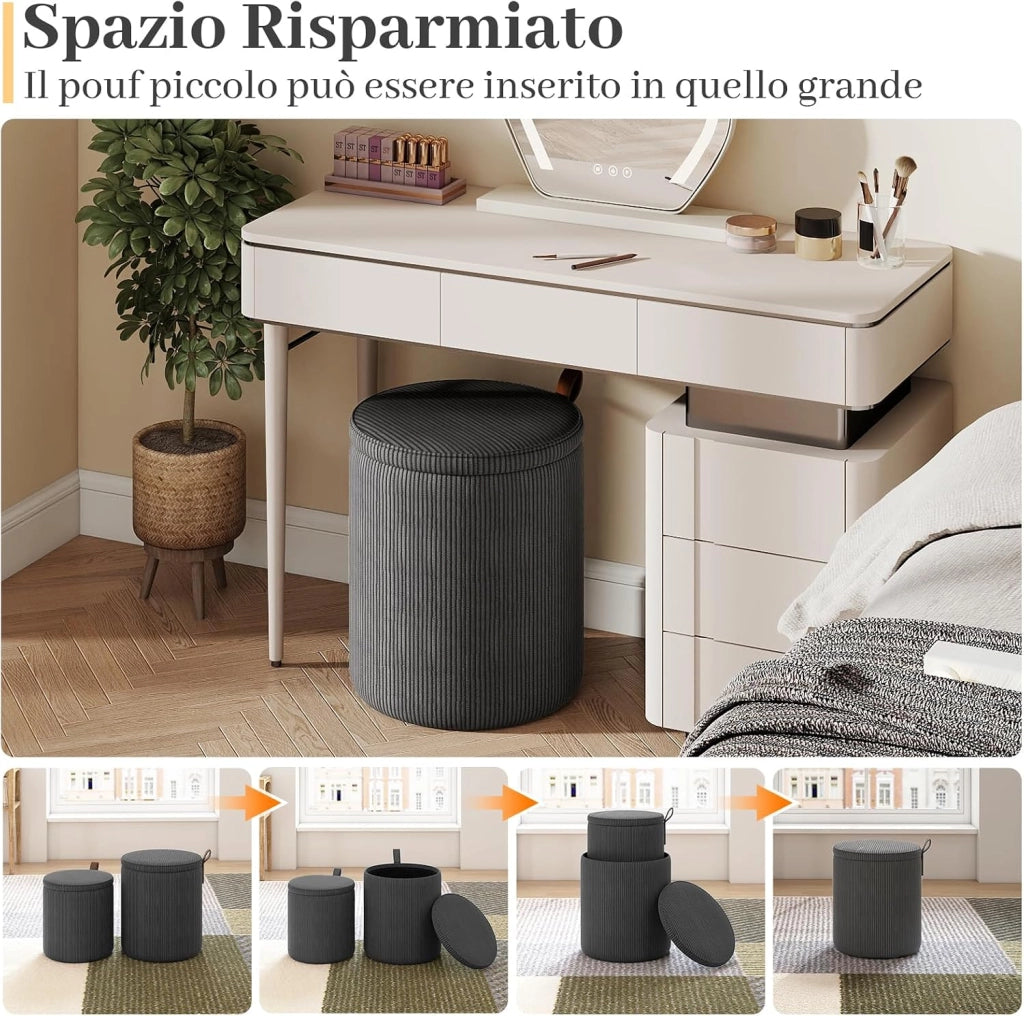 Set di 2 Pouf Contenitore in Velluto, Pouf Rotondi Imbottiti da 40L + 25L, Sgabelli con Contenitore per Soggiorno, Camera da Letto, Portata 150 kg (Grigio)