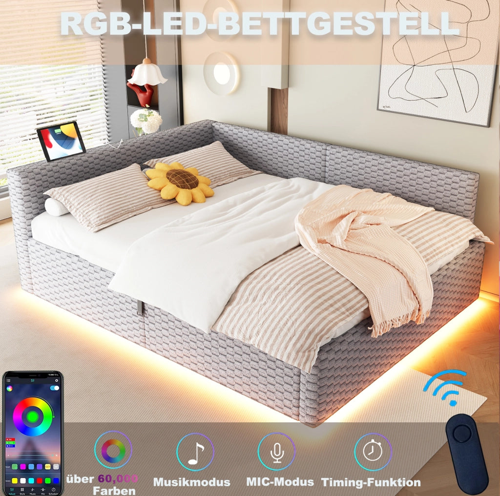 Letto imbottito 140x200 cm con LED, USB e contenitore