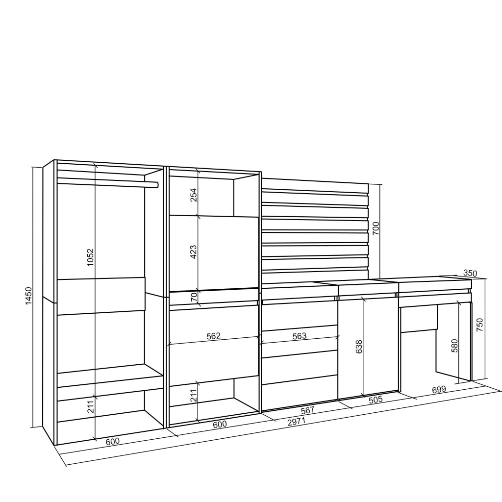 Scarpiera, 297x35x145cm, Camera da letto, Armadio Aperto, Cassettiera, Pannelli Decorativi, Tavolo da toeletta, Bianco RF3502
