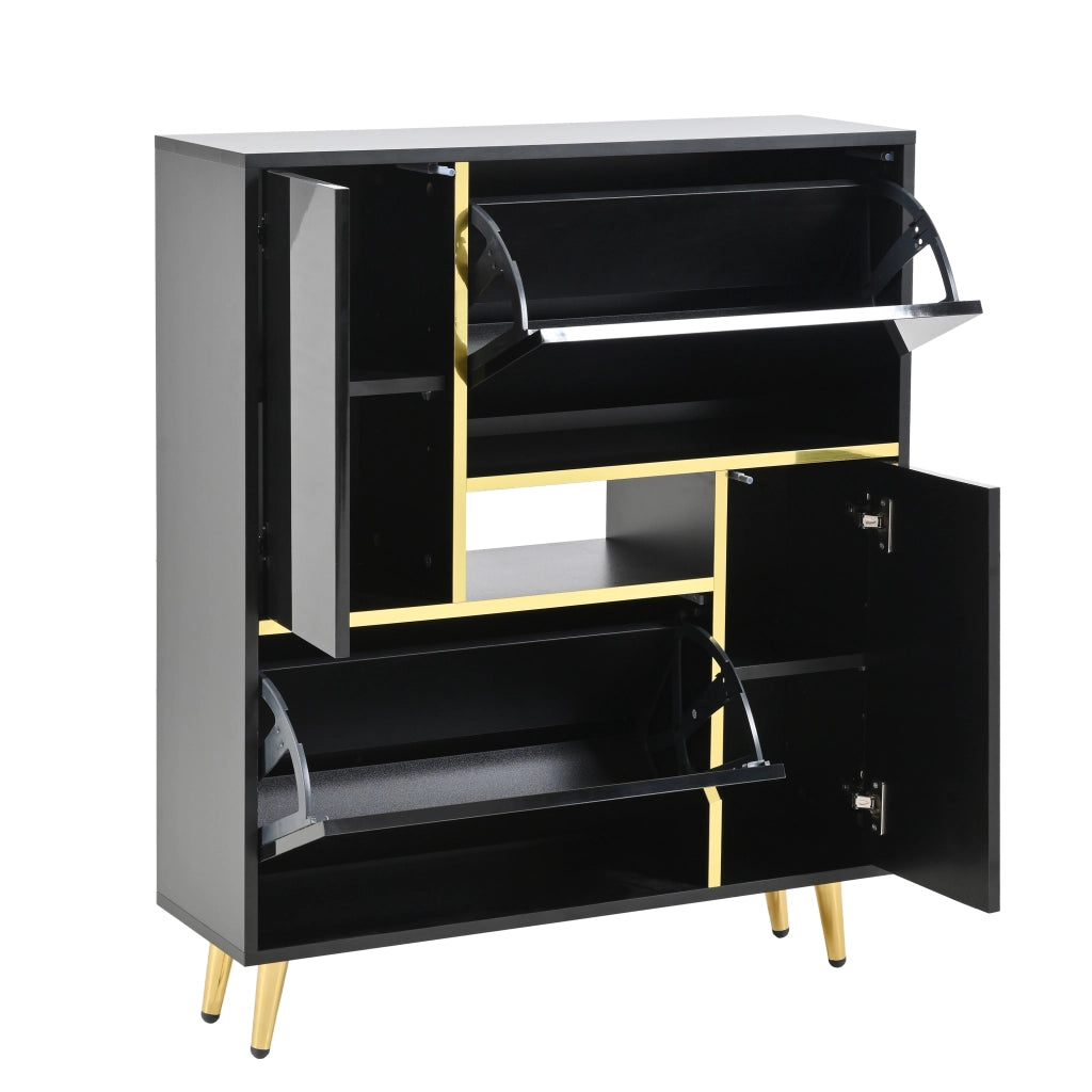 Mobile Scarpiera con 2 Ante e Ripiani Regolabili; LED 16 Colori; Frontale Lucido; Nero; in Pannelli di Particelle; 80×25×96 cm