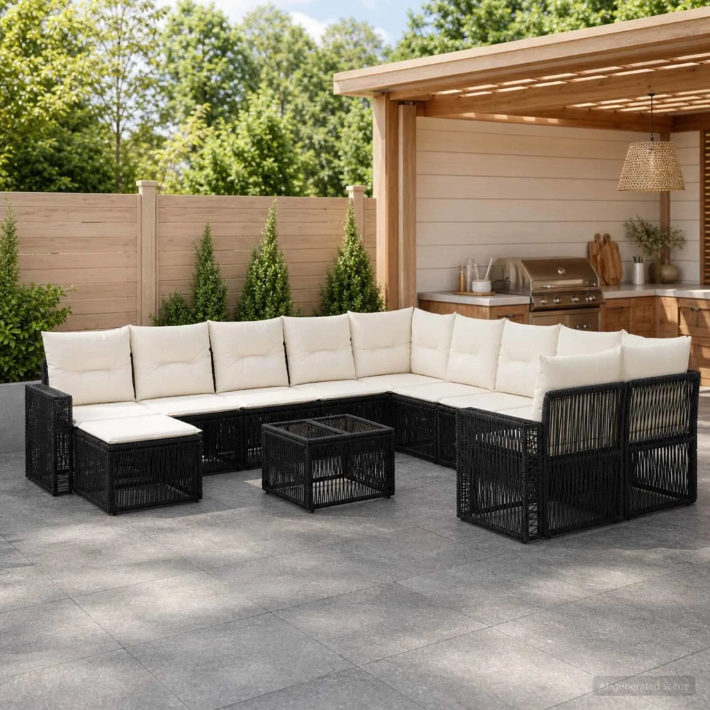 Set Divano da Giardino 12 pz Nero e Bianco Crema polyrattan 3435325