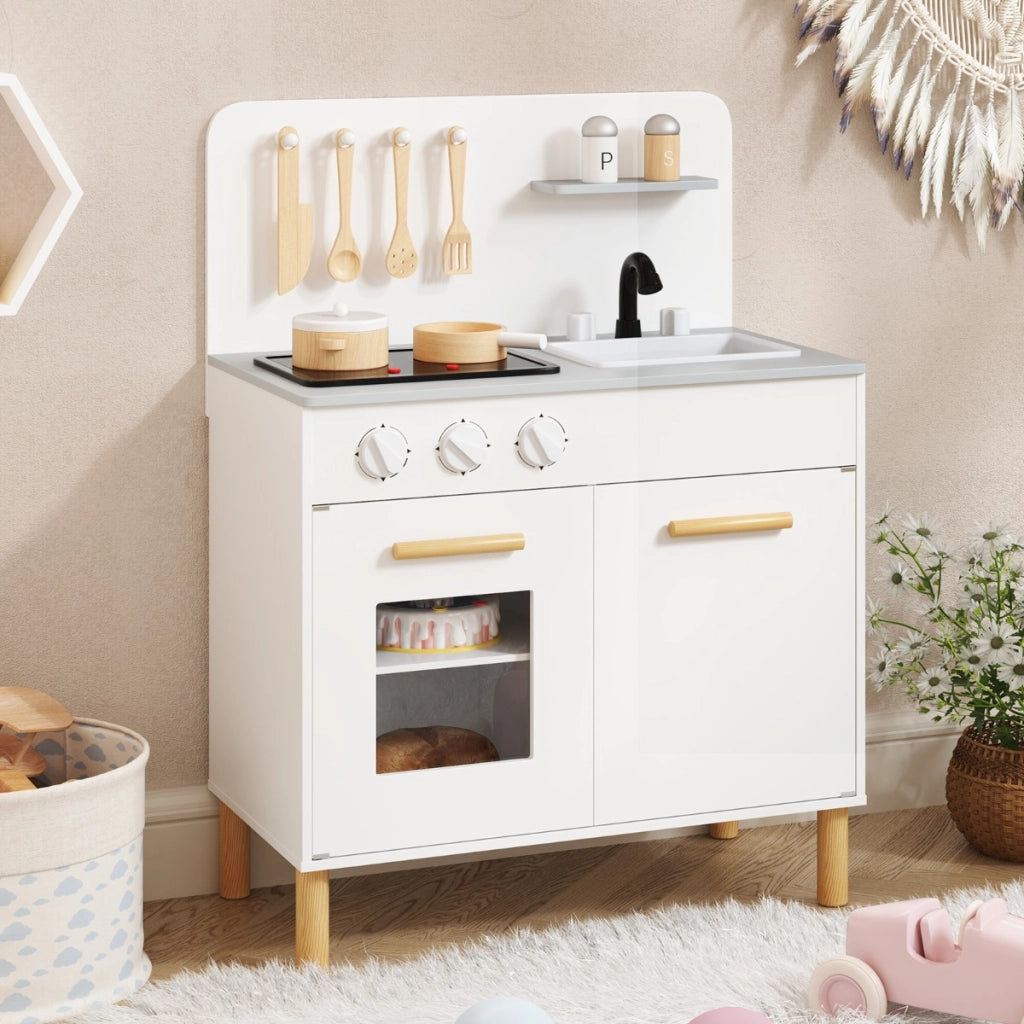 Set da cucina per bambini in legno con luci e accessori da cucina-Gioco educativo con spazio di archiviazione-Regalo per Bambini Bianco