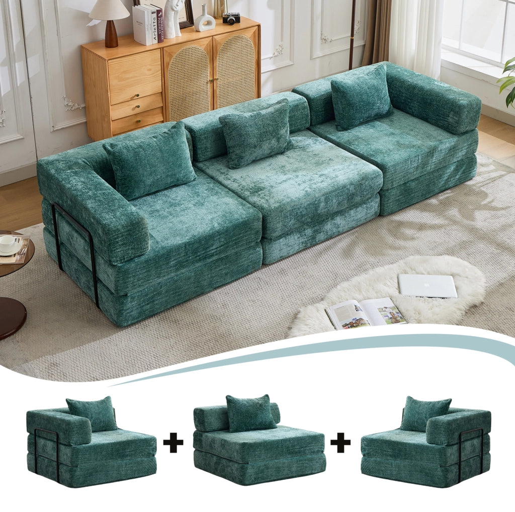 DIVANO LETTO Pieghevole Modulare in Ciniglia Verde Scuro 300x100x63 cm
