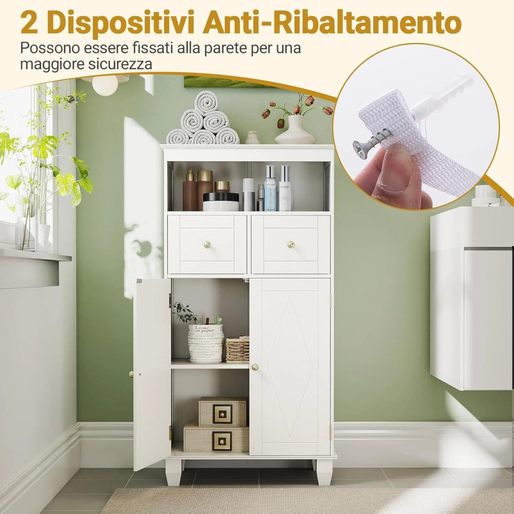 Mobile per Bagno, Armadietto Moderno Salvaspazio con Ante, Ripiani, Cassetti e Piedi in Legno di Pino Massiccio, Mobiletto per Soggiorno, Corridoio e Ingresso, 56 x 30 x 108 cm (Bianco)