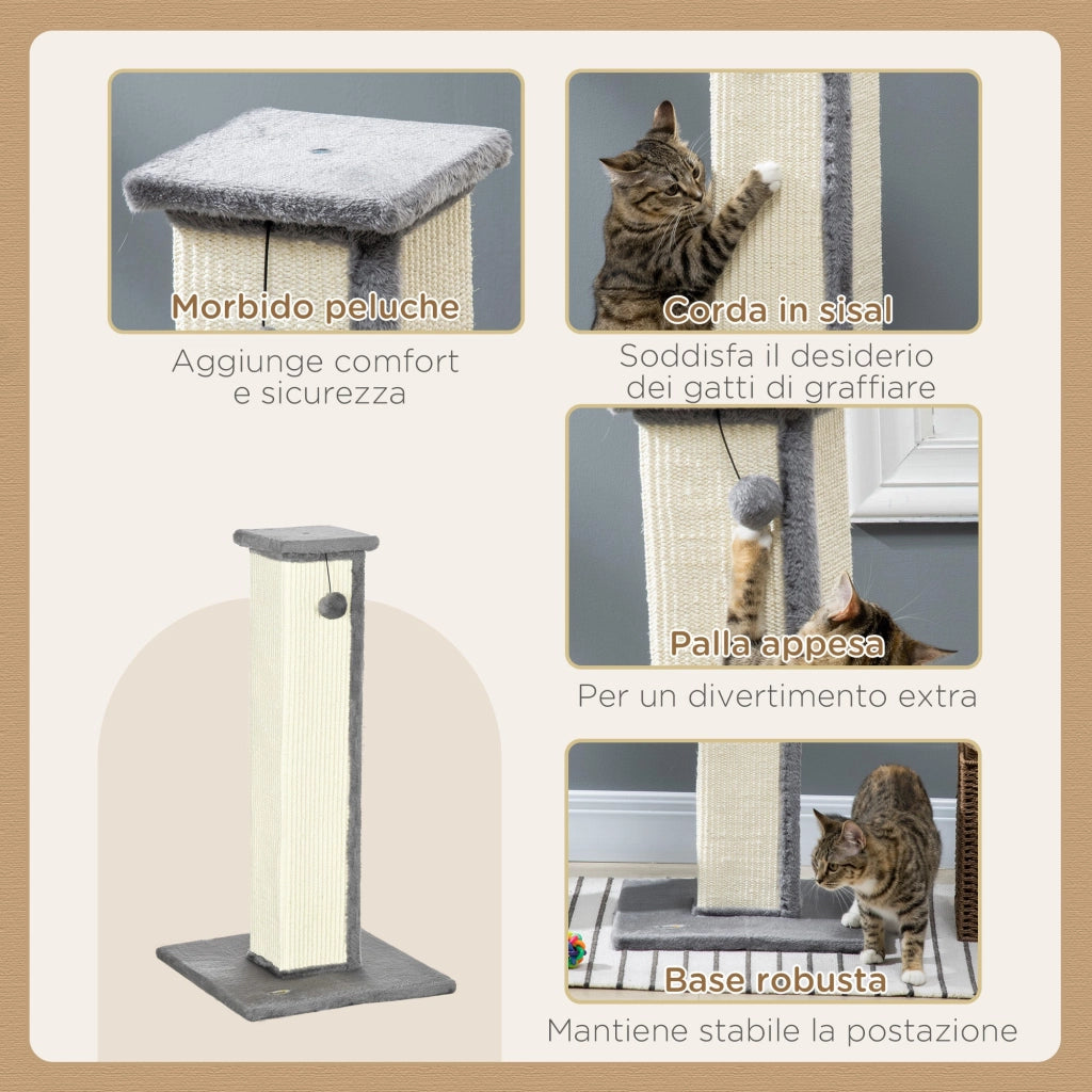 Tiragraffi per Gatti 41x41x81 cm Palo in Sisal e Pallina da Gioco Grigio