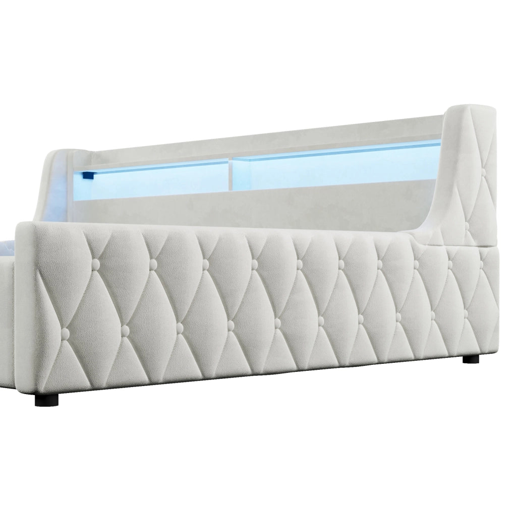 Letto imbottito 140x200 cm con contenitore e LED in flanella; bianco sporco