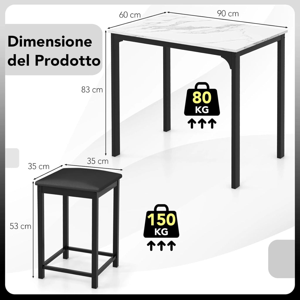 Tavolo Cucina con 2 Sgabelli, Tavolo Alto con 2 Sgabelli Senza Schienale in Similpelle da Cucina, Sala da Pranzo e Soggiorno, Tavolo Bar con Sgabelli Moderno per Spazi Piccoli (Bianco)