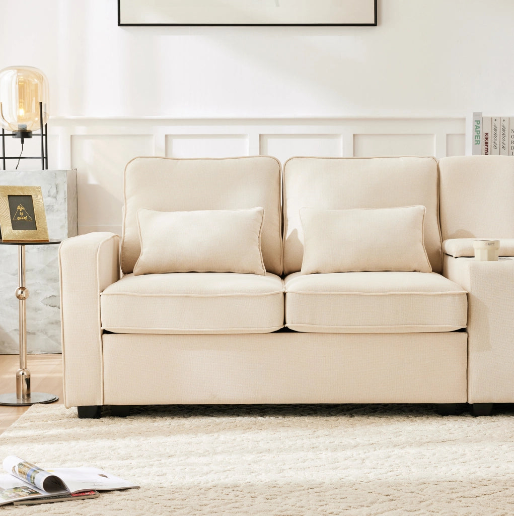 Divano a 4 posti con console; portabicchieri; USB e tasche laterali; beige