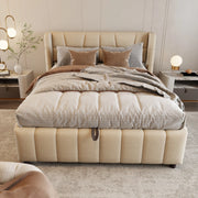 Letto imbottito 140x200 cm con vano contenitore e testiera rivestita beige
