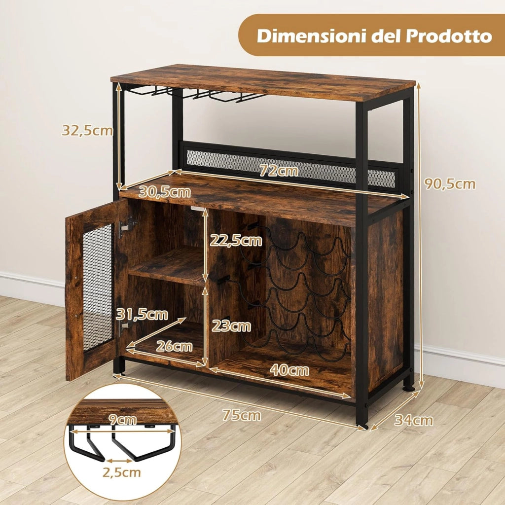 Cantinetta Porta Bottiglie di Vino, Armadietto per Vino con Portabicchieri, Scaffale Aperto e Ripiano Rimovibile, Credenza in Legno Industriale per Cucina e Sala da Pranzo, 75 x 34 x 90,5 cm