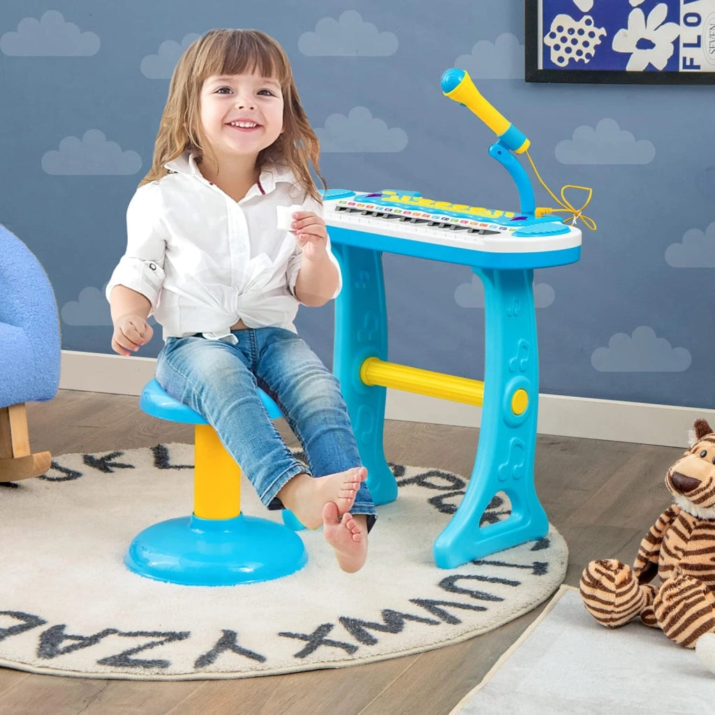 Tastiera Giocattolo a 31 Tasti, Pianoforte Digitale per Bambini, con Microfono Sgabello Luci, Funzioni di Record e Playback, Pianola Bambini con 22 Battiti/8 Toni/7 Ritmi, per 3+ Anni (Blu)