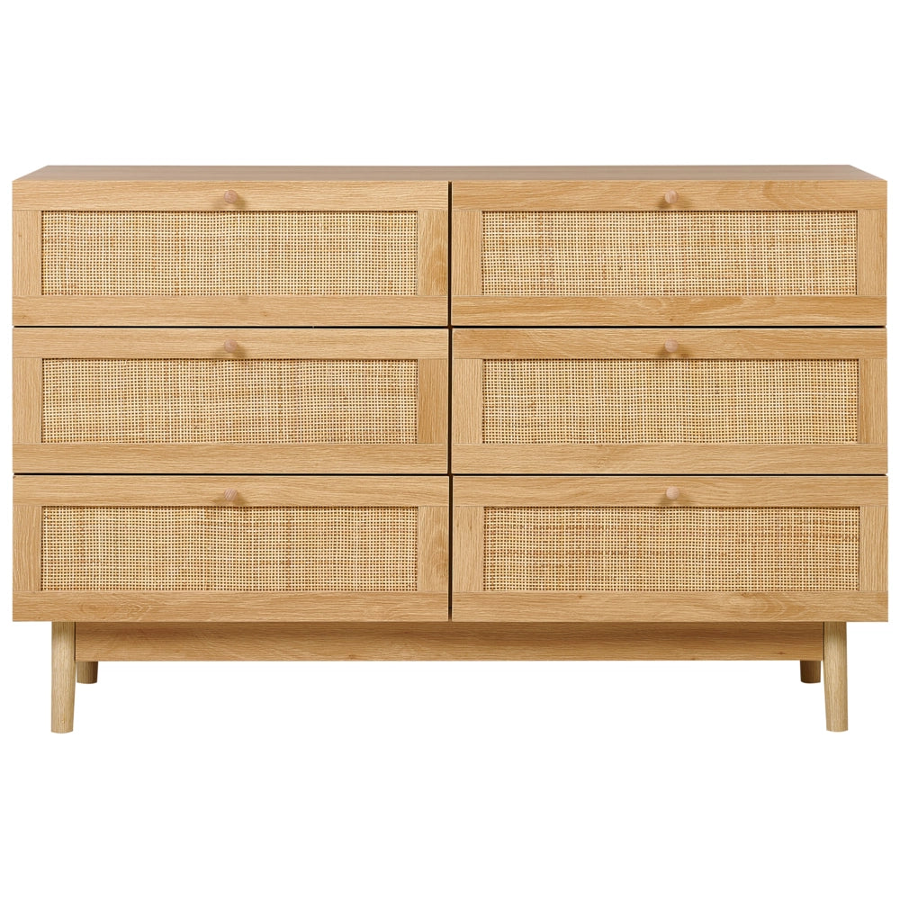 Cassettiera a 6 cassetti in truciolato con frontale in rattan stile boho