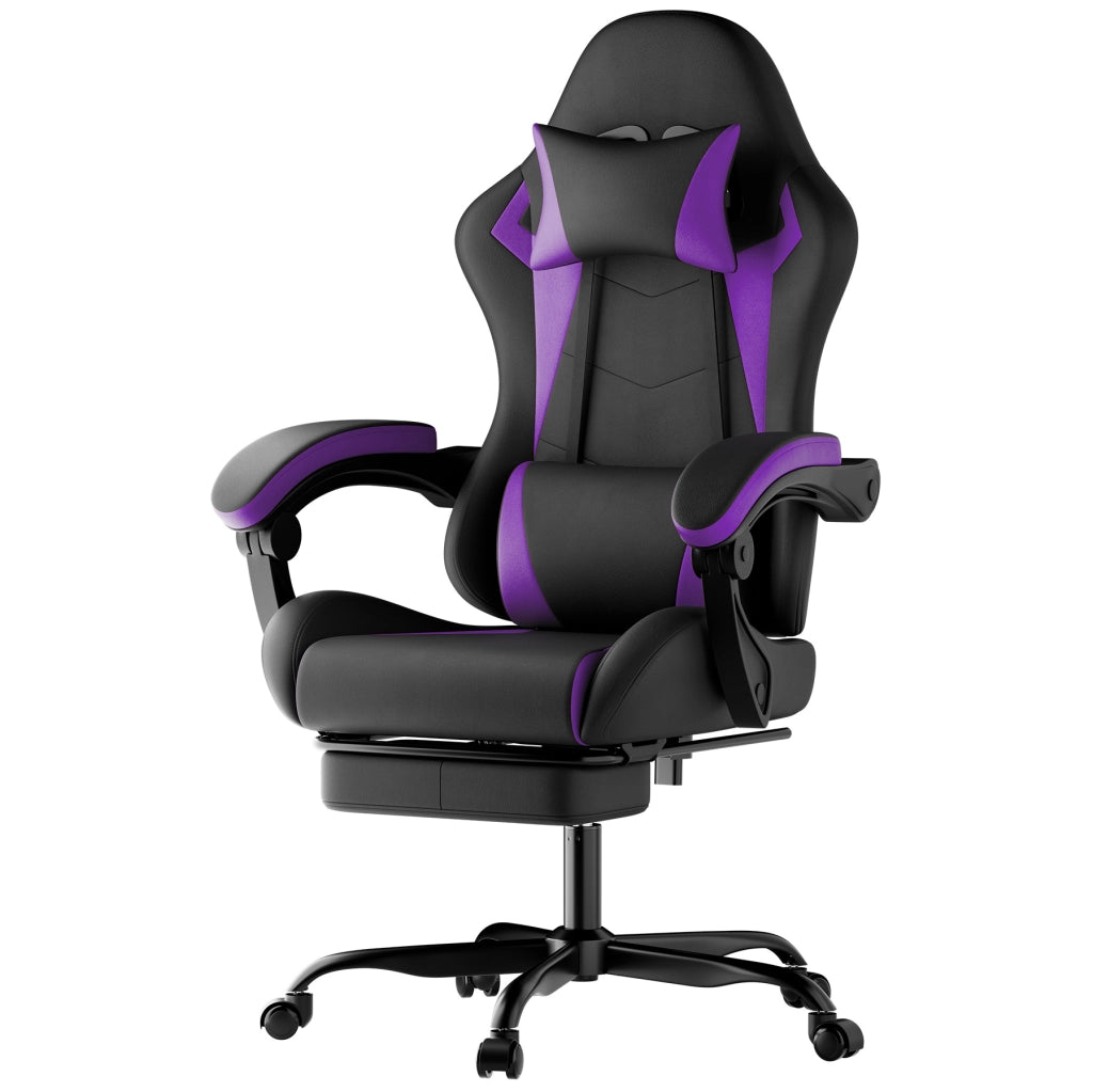Sedia gaming ergonomica con cuscino lombare e poggiatesta; reclinabile; PVC nero e viola