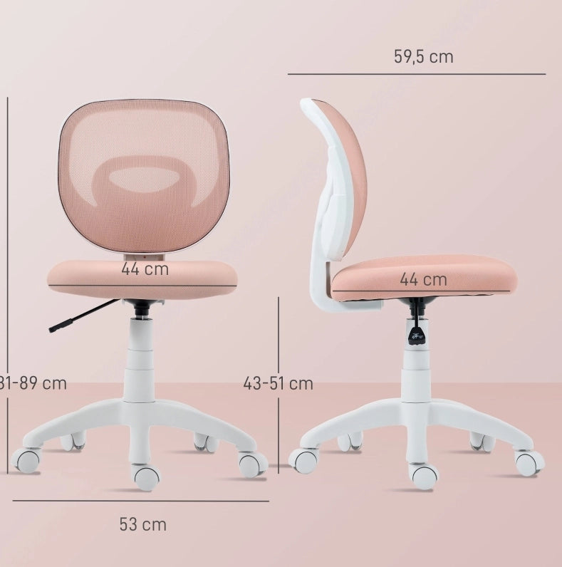 Sedia da ufficio ergonomica rosa con schienale a C, altezza regolabile e senza braccioli