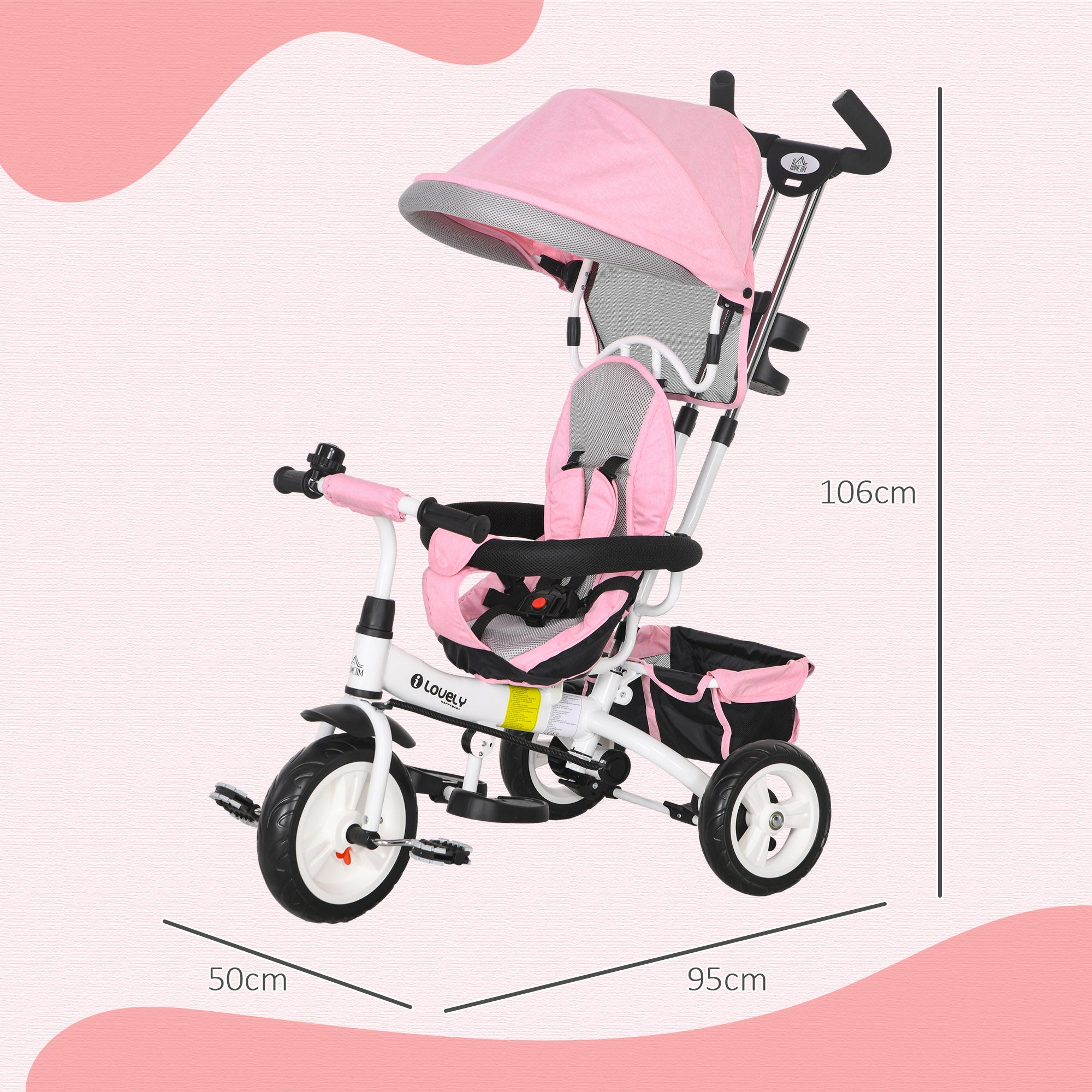 Triciclo Passeggino per Bambini con Maniglione 95x50x106 cm con Cintura di Sicurezza Rosa