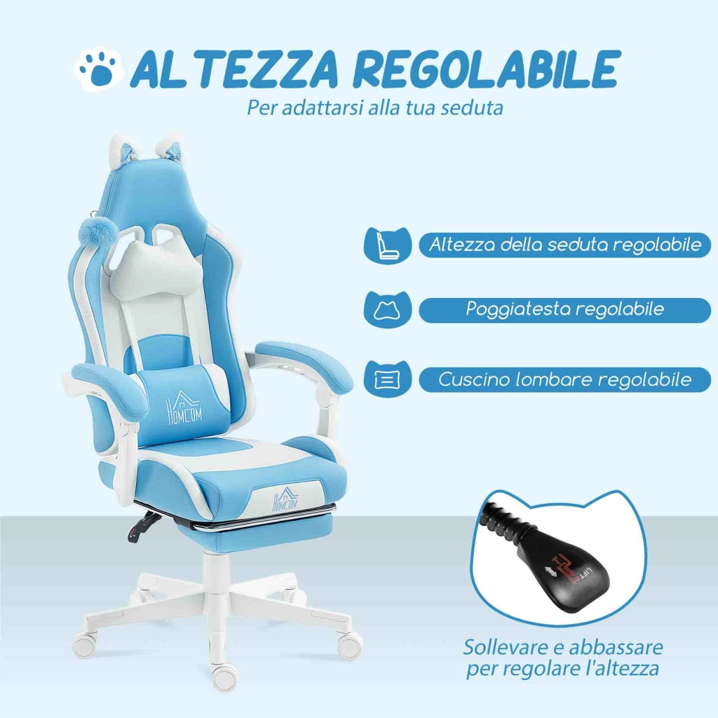 Sedia da Gaming Reclinabile con Poggiapiedi e Cuscini, in Finta Pelle e Spugna, 65x62x116-124 cm, Bianco e Rosa