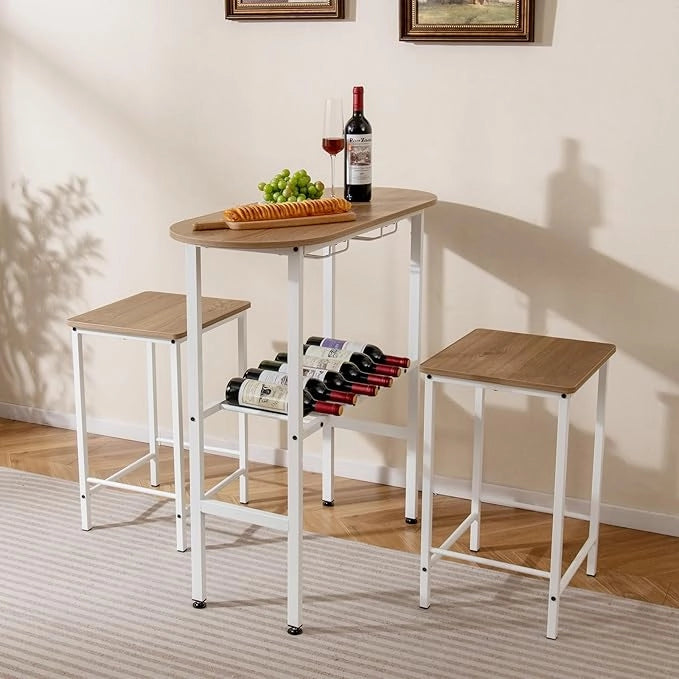 Tavolo da Pranzo con 2 Sgabelli, Tavolino e Sedie con Portabottiglie, Poggiapiedi e Struttura in Metallo, Mobili da Cucina per Bar, Bistro e Soggiorno (Naturale e Bianco)