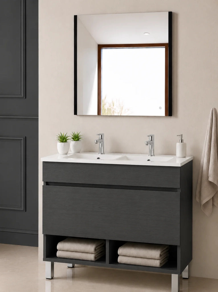 Mobile bagno con piedini con lavabo extrapiano ORIGENBATH NEBARI senza specchio 120x45 cm doppio lavabo grafite