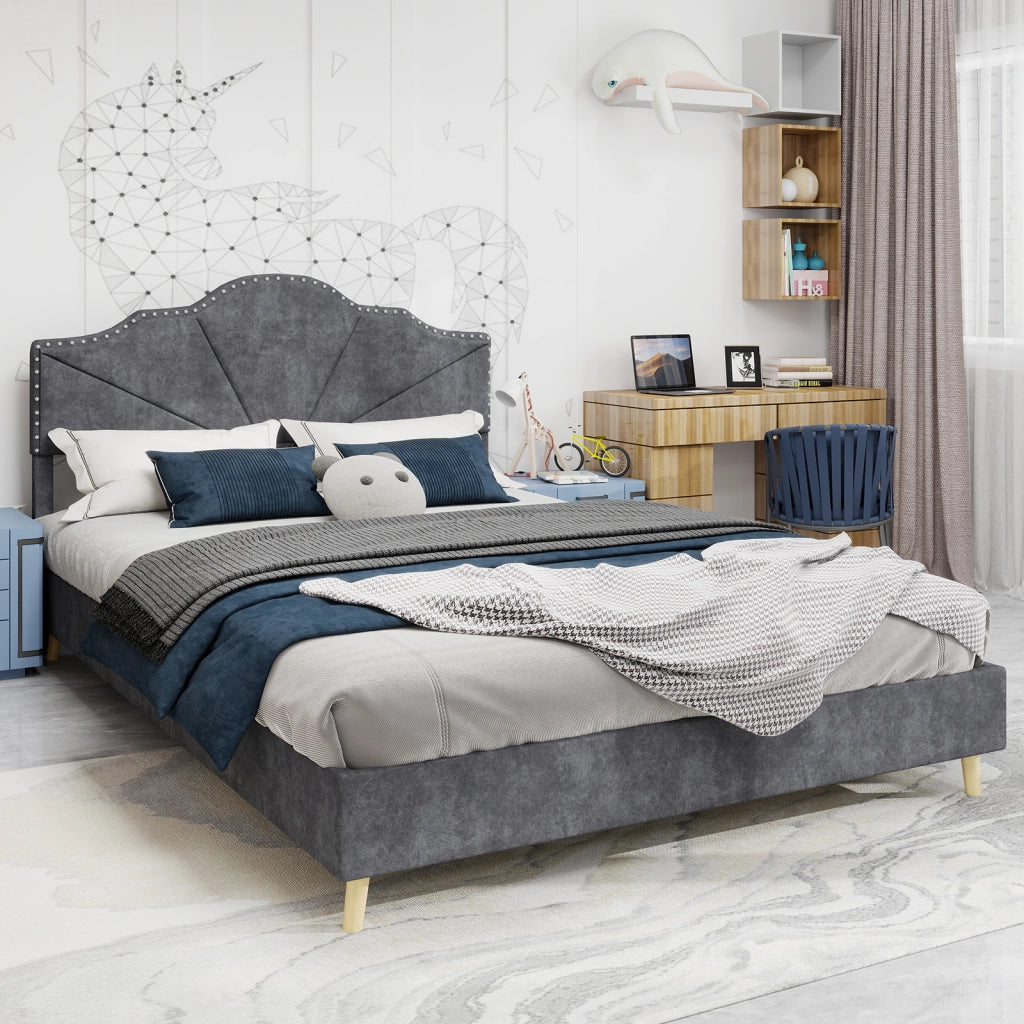 Letto Matrimoniale 140x200 cm con Testiera geometrica in Tessuto e Metallo Grigio