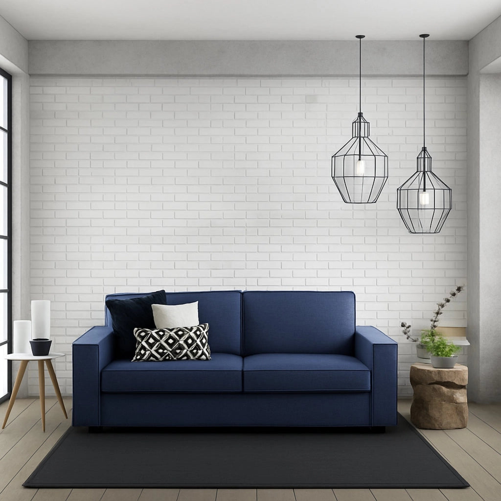 Divano fisso Abernathy, Divano a 3 posti, Made in Italy, SofÒ  Soggiorno in tessuto, con Braccioli slim, cm 200x95h90, Blu
