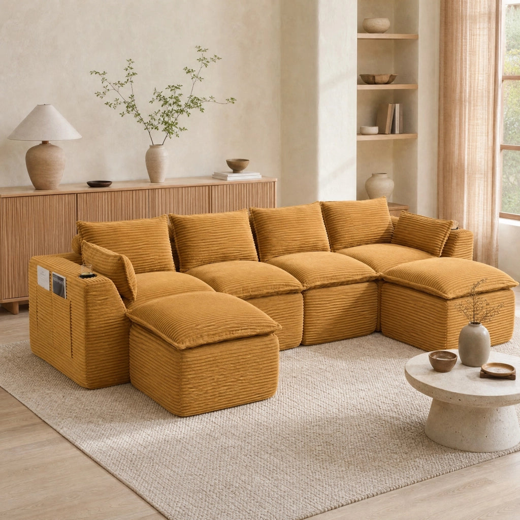 Divano modulare a 4 posti in corduroy arancione con cuscini, tasche laterali e struttura a schiuma e molle