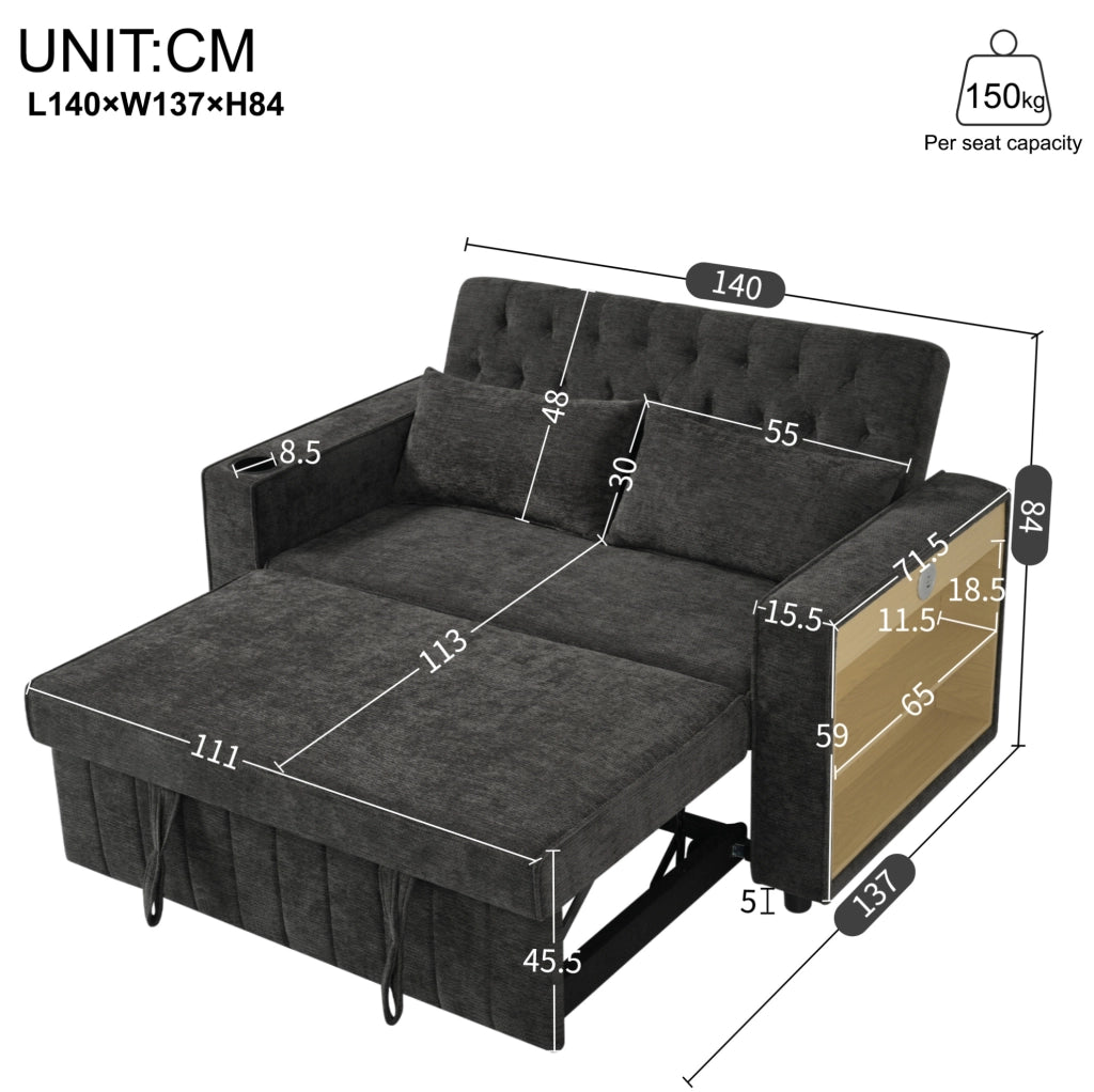 Divano letto 140x137x84 cm convertibile con schienale reclinabile in chenille grigio
