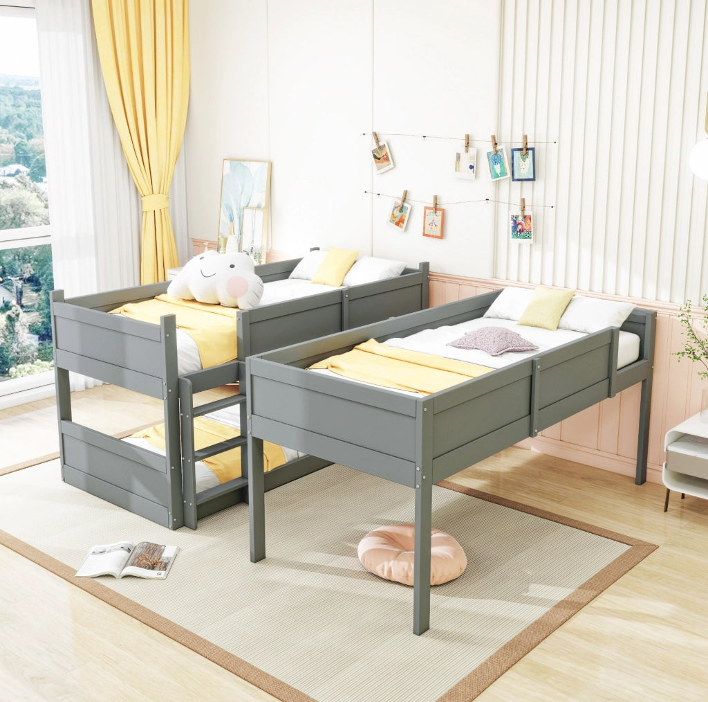 Letto a tre livelli 90x200 cm con sponde alte in legno grigio