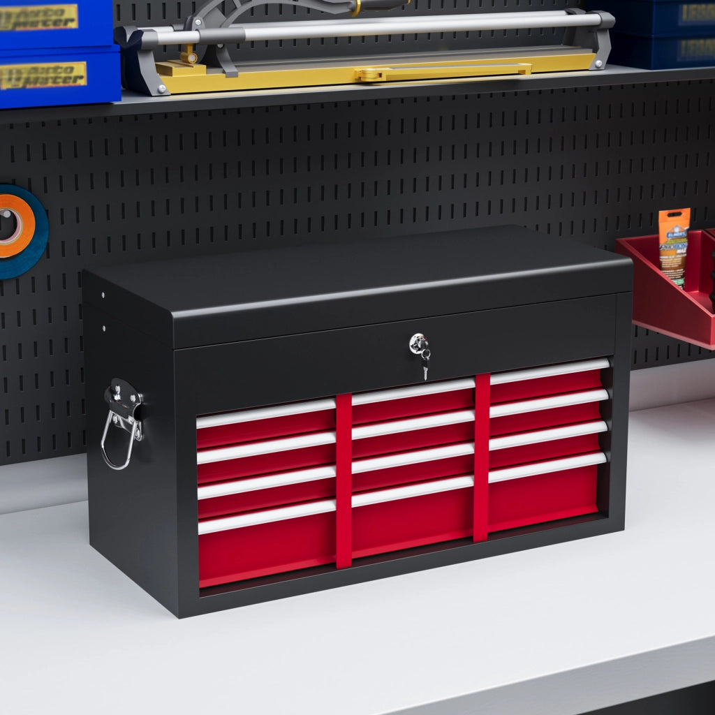 Cassetta Portautensili 60x26x34 cm Rosso Nero in Acciaio con 6 Cassetti, Serratura e Maniglia
