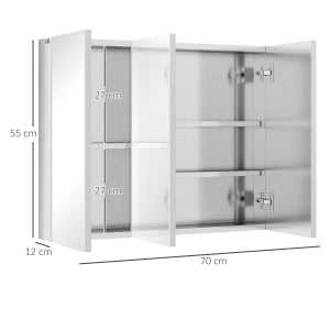 Mobiletto bagno con specchio a 3 ante e 3 ripiani interni, acciaio inox, 70x12x55 cm, argento