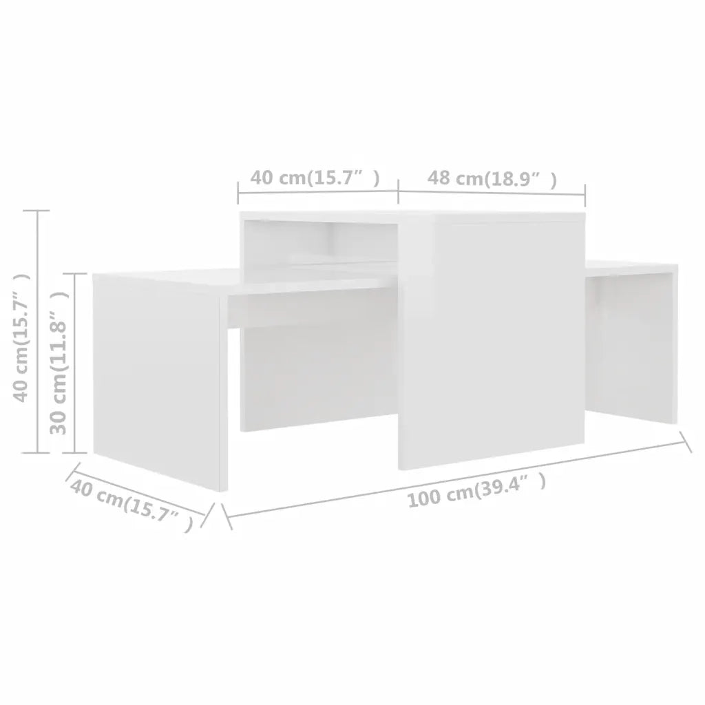 Set Tavolini da salotto | Tavolino da caff¨¨ | Tavolino da Soggiorno Bianco Lucido 100x48x40 cm Multistrato
