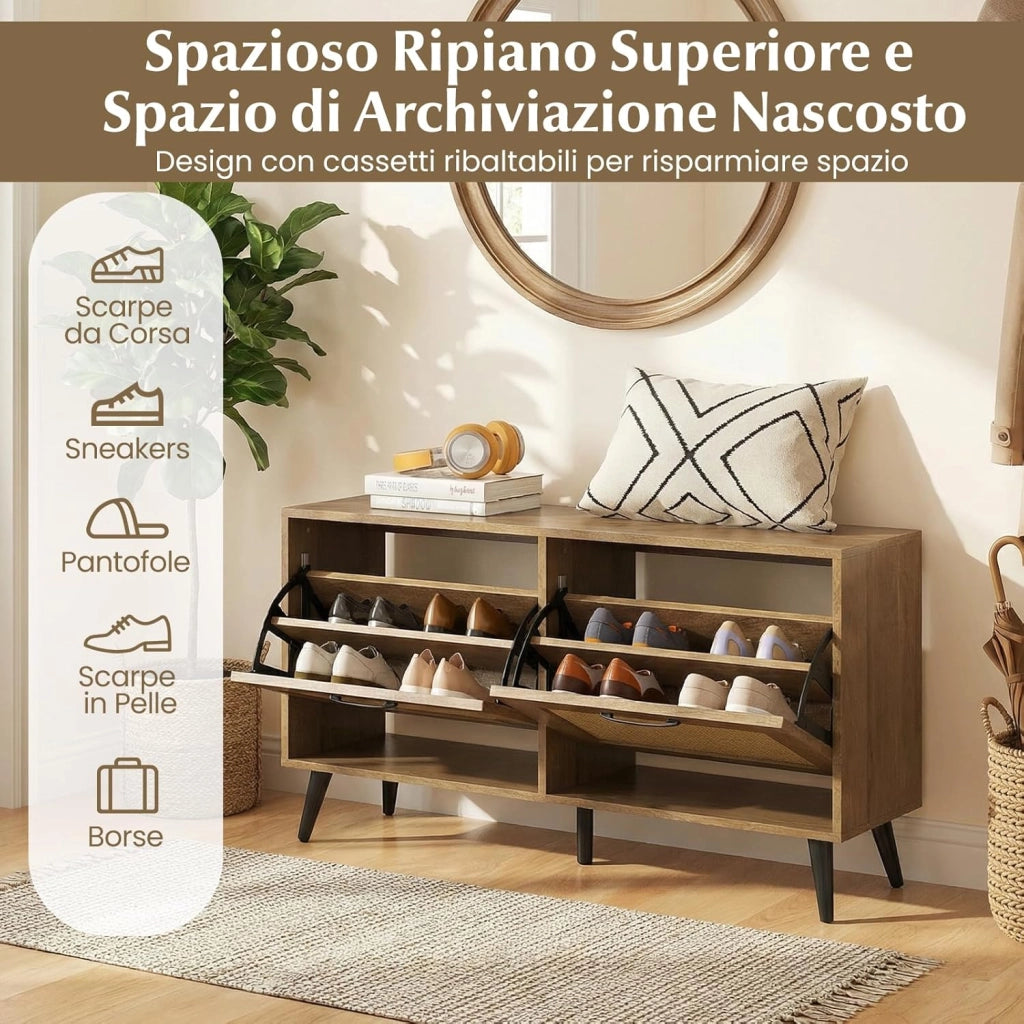 Scarpiera Salvaspazio a 2 Ante a Ribalta, Mobile Chiuso Portascarpe in Legno, con Ripiano Regolabile, per Ingresso Salotto e Corridoio, 100 x 30 x 53 cm, Marrone