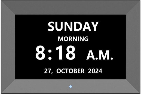 Orologio digitale 7 pollici nero con supporto alla scheda SD, visualizzazione video, calendario, allarme e funzioni di ricordo.