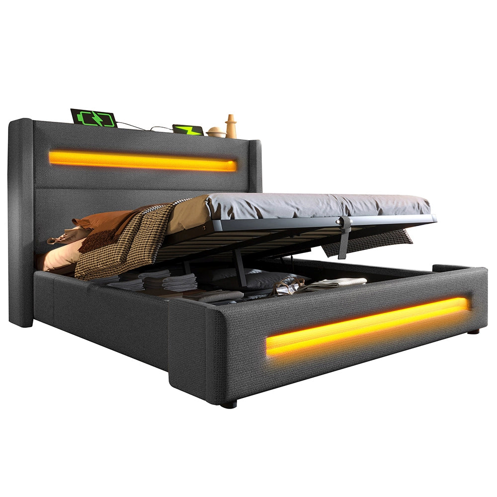 Letto matrimoniale-Xylo-160x200 cm-LED, USB-C, idraulico, con materasso, lino, grigio