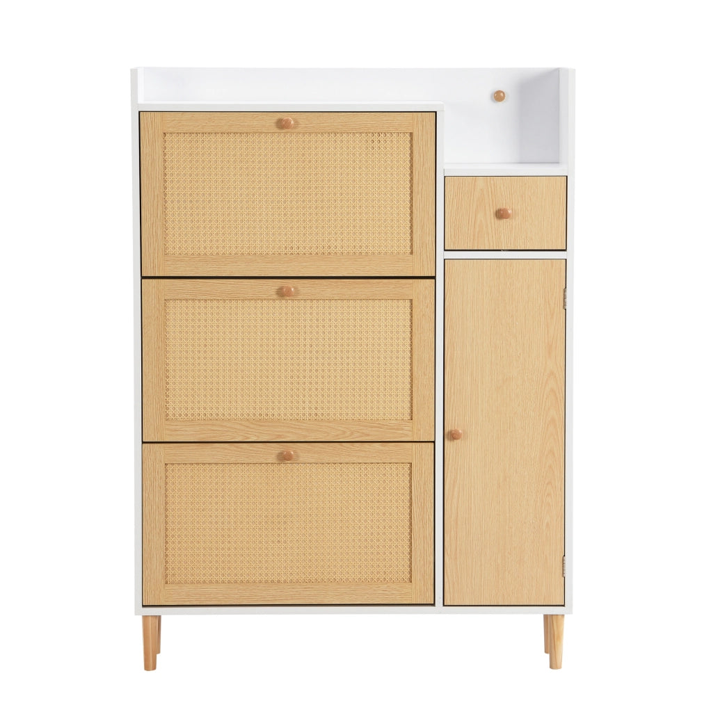 Mobile portascarpe in stile rattan con 3 ante a ribalta e 1 cassetto; 90x125x17 cm; MDF naturale e bianco