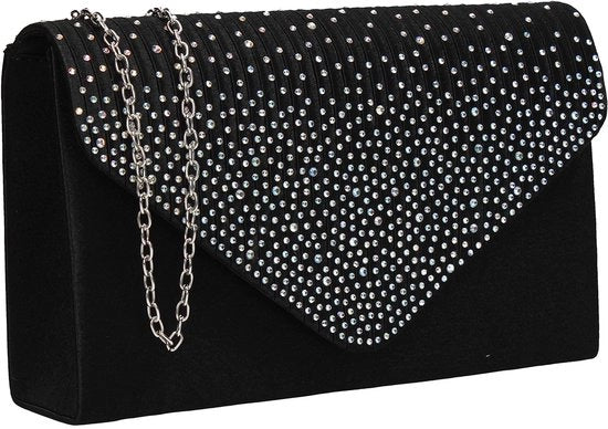 Borsa Abby per donne con pietre di strass, modello a sacchetto, nero, unico modello