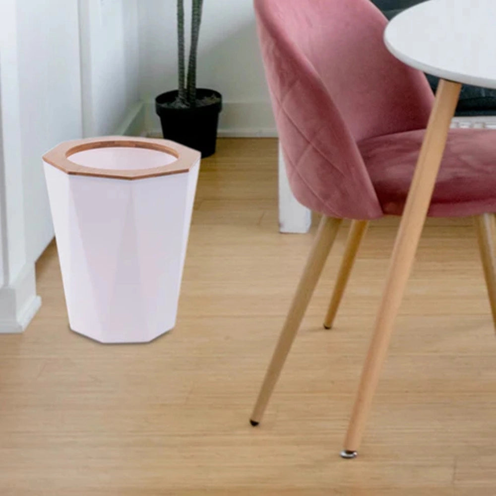 Trade Shop - Pattumiera Cestino Spazzatura A Cilindro Esagonale Geometrico Bianco Legno Da Bagno 10840 -