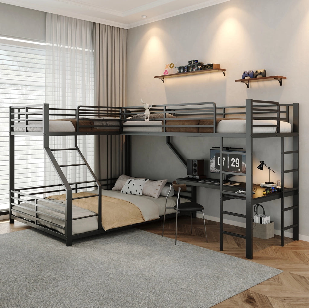 Letto a castello triplo in metallo nero con scrivania e prese USB