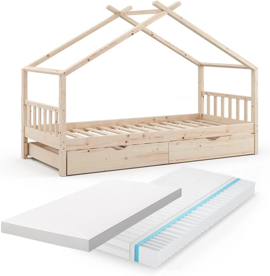 Letto montessori bambini Design, Legno naturale, 90x200 cm con letto per ospiti e 2 materassi, con sponda anticaduta e rete a doghe per un sonno sicuro