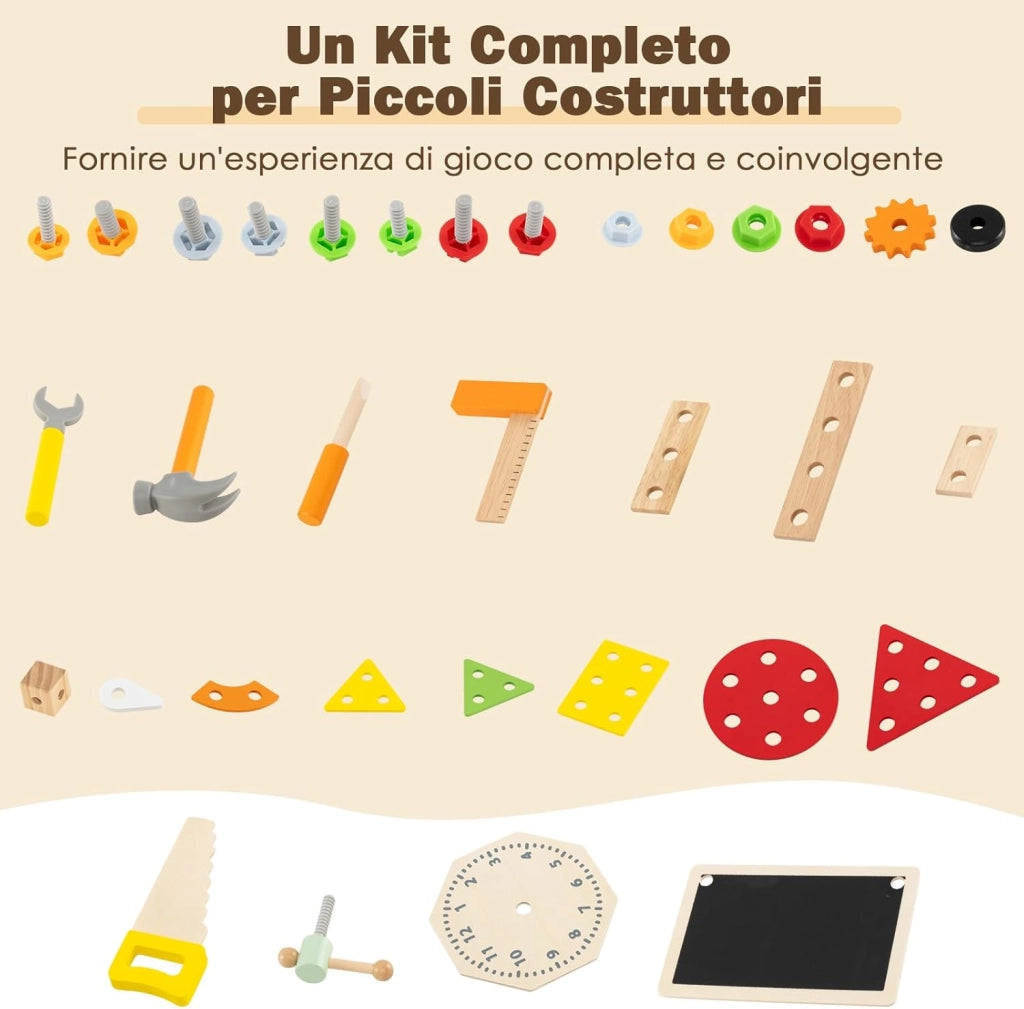 Set di Attrezzi per Bambini, Banco da Lavoro in Legno con Set di Attrezzi e Orologio Incantevole, Tavolo Realistico per Bambini e Bambine dai 3 Anni in Su