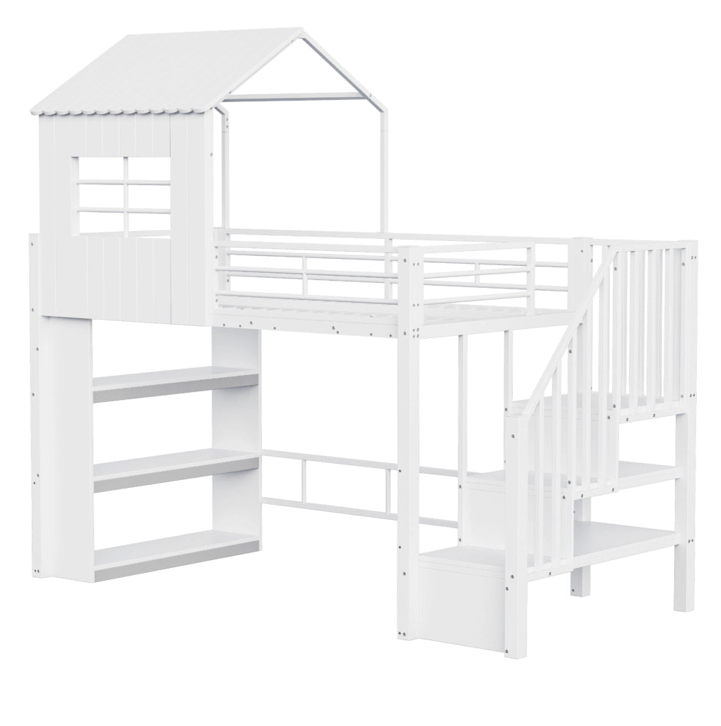 Letto a soppalco multifunzione 90x200 cm con scala contenitore; ripiani integrati; bianco