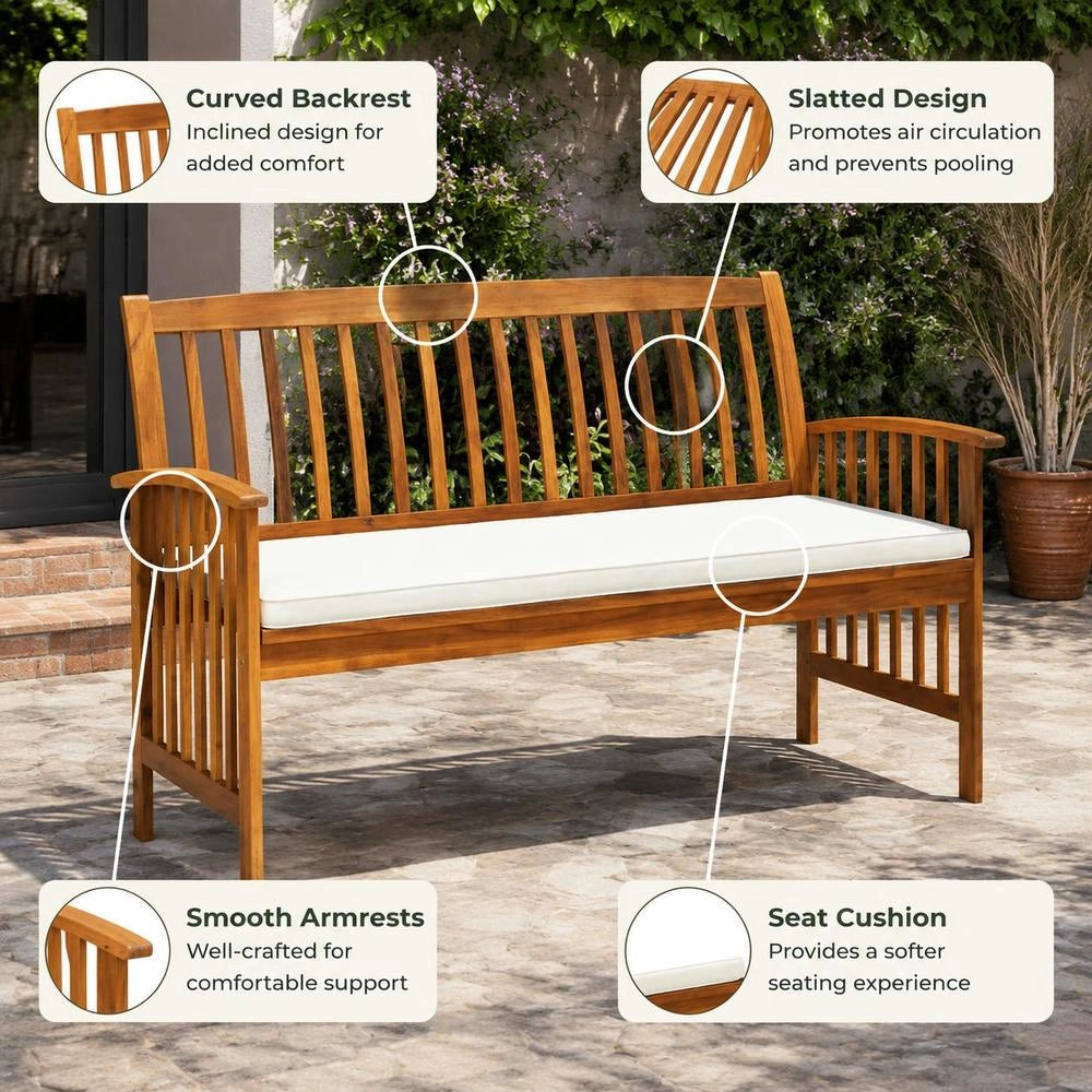 Garden Bench With Cushions, 147 Cm, Solid Acacia Wood