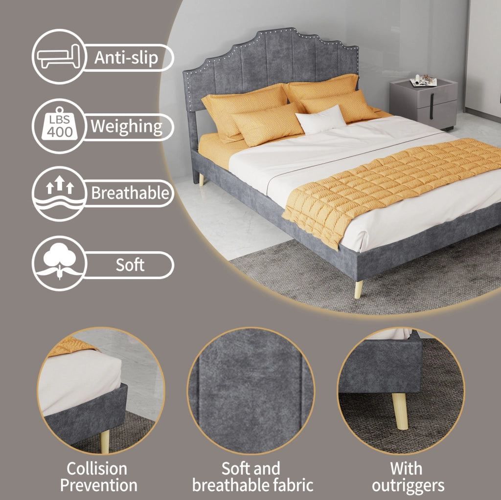 Letto imbottito con testiera geometrica e rete a doghe; 140 x 200 cm; grigio