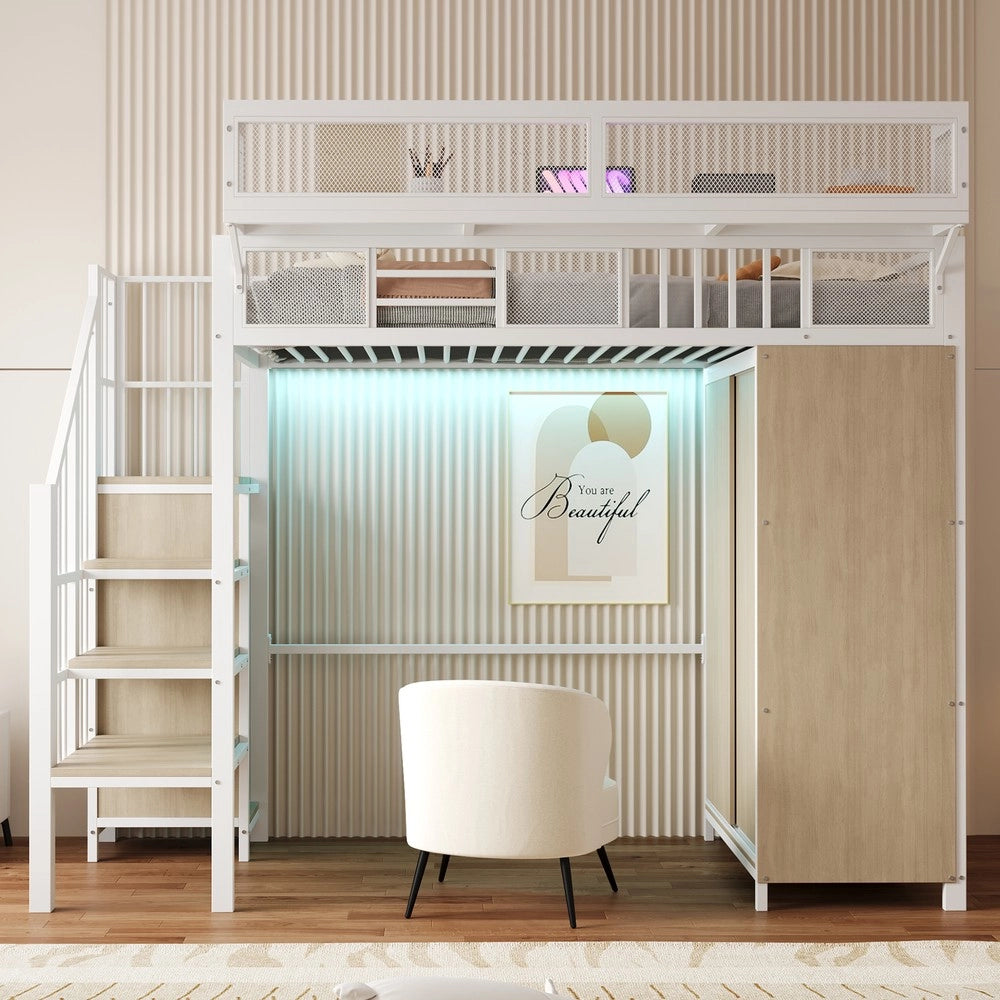 Letto a Soppalco con Armadio e LED ¨C MINIMAL ¨C Metallo Bianco 90x200