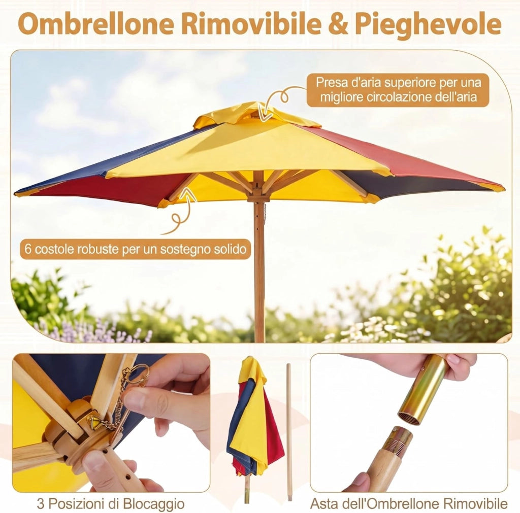 Tavolo da Picnic per Bambini, Set Tavolo e Panche da Giardino con Ombrellone Regolabile in Altezza e Struttura in Legno Massello per Campeggio e Picnic per Bambini 3-8 Anni