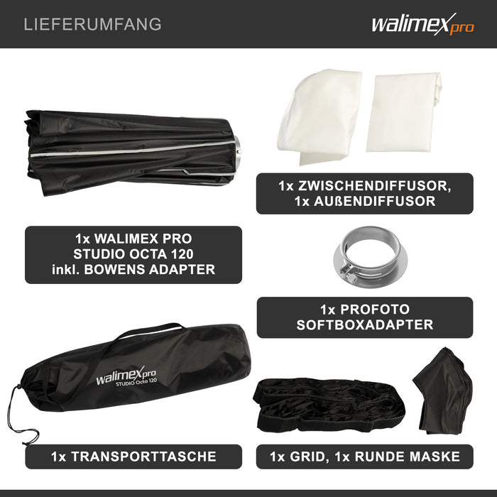 Studio Softbox Octagon 120cm + adattatore softbox per Profoto (diametro esterno: 15,2 cm), ruotabile a 360°, facile da configurare, include griglia, maschera