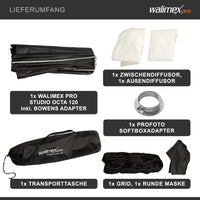 Studio Softbox Octagon 120cm + adattatore softbox per Profoto (diametro esterno: 15,2 cm), ruotabile a 360°, facile da configurare, include griglia, maschera