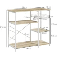 Mobile Cucina Moderno a 4 Ripiani con Cestino e Ganci in Legno e Acciaio, 90x40x84.5cm, Quercia e Bianco