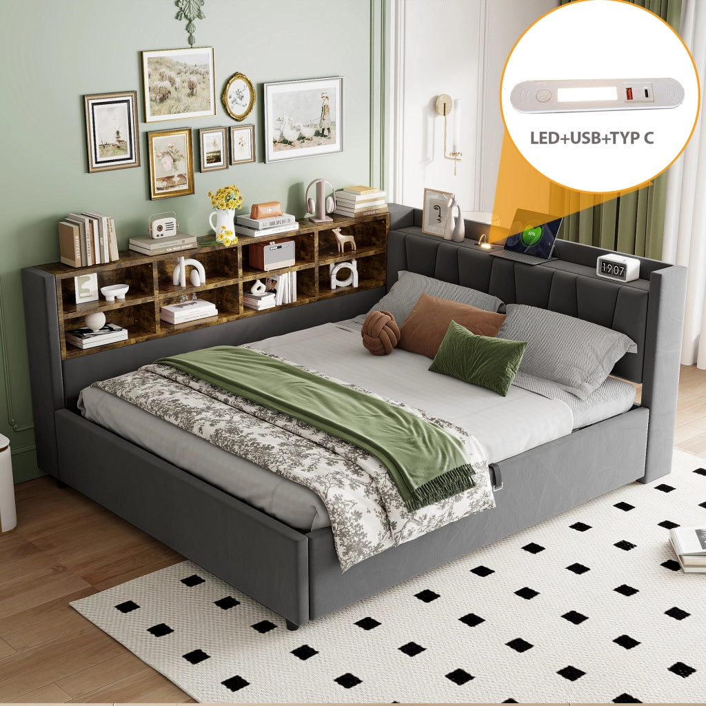 DESMIU Letto contenitore 140 × 200 cm 2 posti con luce LED, USB e Type-C, ripiani e vano idraulico, senza materasso, grigio